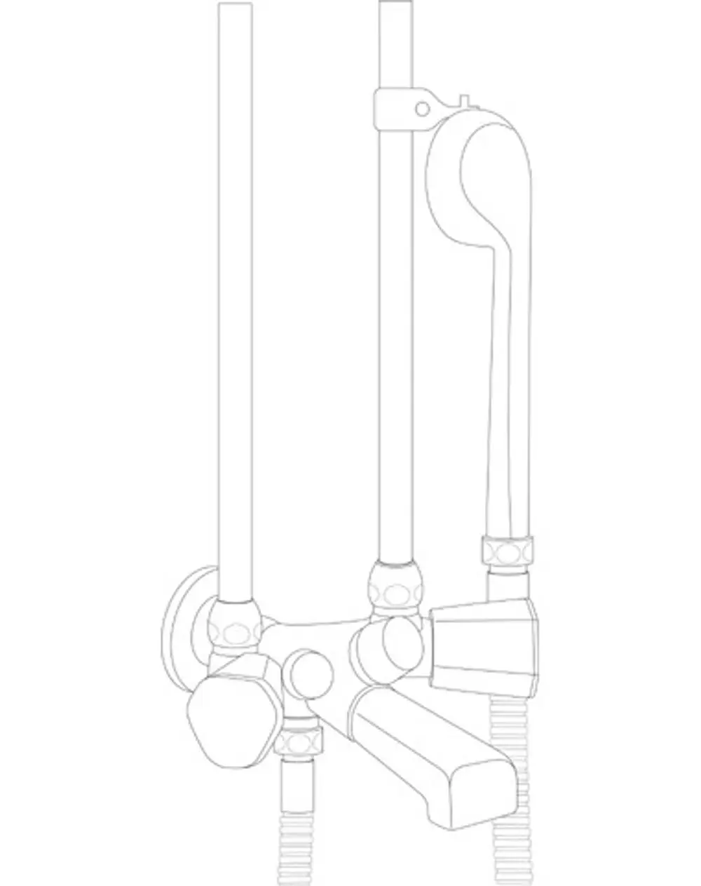 Zweigriff-Badearmatur mit zwei Hebeln und einer Auslaufhöhe, gefertigt von Ideal Standard. Das Design zeigt eine Kombination aus Rohren und Armaturen in klarer Form.